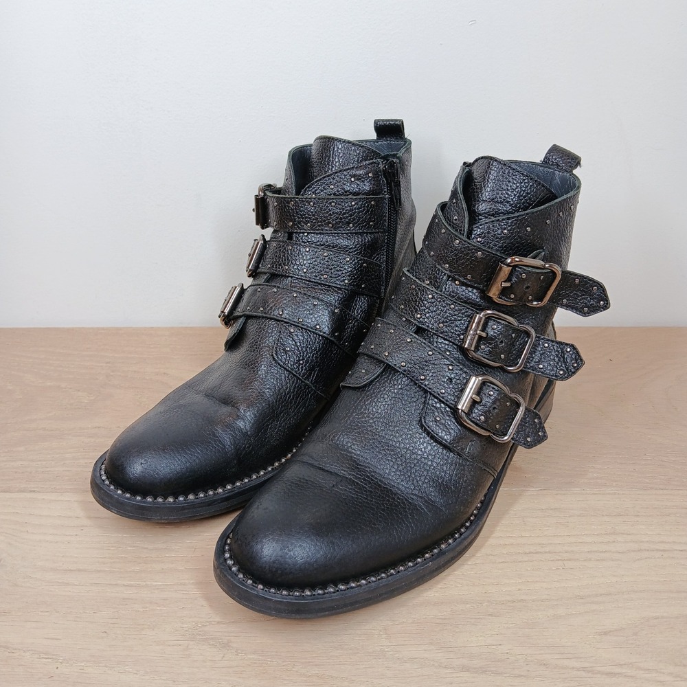 Napoleoni Ankle Boots Women 8 Black Leather Triple Buckle Studded Biker Moto